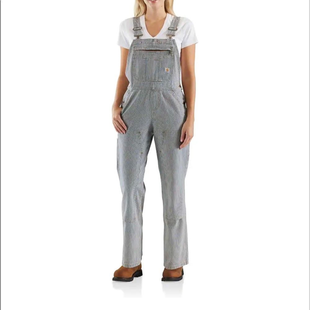 NWT Carhartt Women’s Relaxed Fit Denim Railroad Stripe Bib Overall, medium